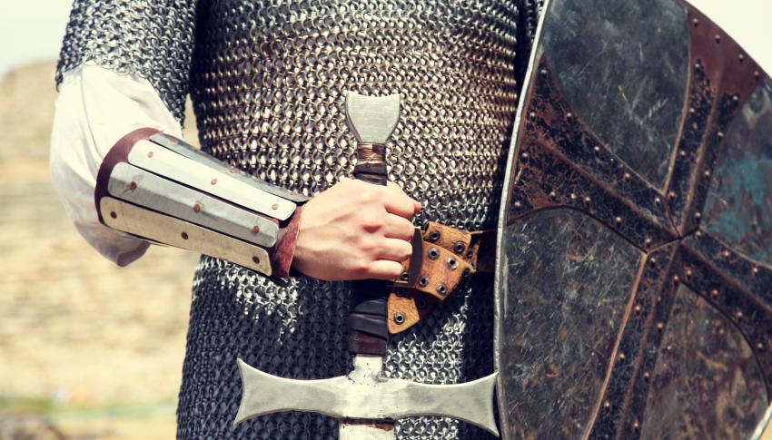 knight in armour with shield and sword