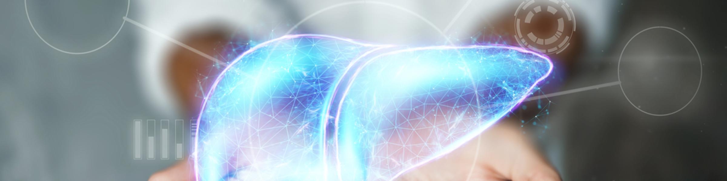 Imagery of a blue holographic liver atop hands held out