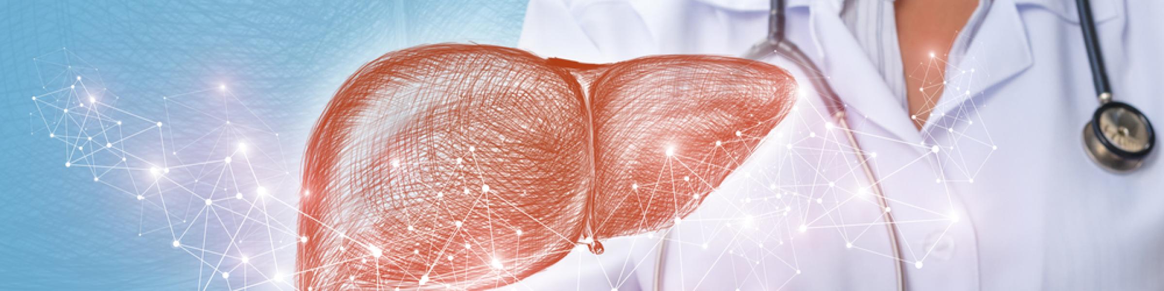 A sketch of a liver hovering in front of a doctor with a stethoscope